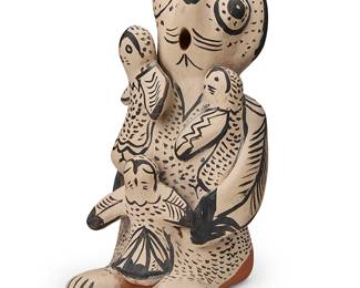 249
Stephanie "Snowflake Flower" C. Rhoades (1931-2018, Cochiti Pueblo)
A Cochiti Pueblo storyteller "Grandma Owl," 1989
Slip-glazed ceramic
With multiple owls in black and grey, signed and titled to underside: Snowflake Flower, 1989
7.25" H x 4" W x 4.625" D
Estimate: $200 - $300