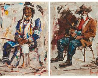 263
John Burroughs (1913-1979)
Two works:

"Indian Brave"
Oil on canvas
Signed lower right: Burroughs; titled on the stretcher bar
12" H x 9" W

"Old Prospector"
Oil on canvas
Signed lower right: Burroughs; titled on the stretcher bar
12" H x 9.25" W
Estimate: $500 - $700