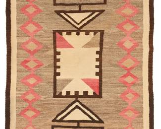 65
A Navajo regional rug
Early 20th century, Diné
Woven in red, cream, dark brown, and variegated brown wool with a central rectangular motif flanked by triangles and hooked elements to each end, and two columns of conjoined diamonds to sides, with banded borders
51.5" H x 41" W
Estimate: $500 - $700