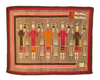 59
A Navajo Yei weaving
Mid-20th century, Diné
Woven in grey, red, orange, yellow, pink, purple, brown, and cream wool with five standing Yei dancer figures with masks, feathers, and sash details, all surrounded on three sides by a Rainbow Guardian figure
51" H x 64" W
Estimate: $1,500 - $2,500