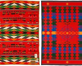 284
Two Ramona Sakiestewa for Pendelton Limited Edition wool blankets
Ramona Sakiestewa (b. 1948, Hopi)
Late 20th century
Each numbered: 247/1000; each with attached large fabric tag denoting edition, designer and design significance; with Beaver State Pendleton cloth tag; with attached original bi-fold paper tag with original plastic fastener; also with attached title information tag
Comprising two Limited Edition "Southwest Trails" double-sided multicolored wool/cotton blankets, one entitled "Iron Horse Trail" 1994, a pictorial design in reds, greens, brown, white, blue, and black, and one entitled "Chihuahua Trail" 1992, with Saltillo-style sawtooth diamonds in reds, purples, blues and greens, each with Certificate of Authenticity and original box
2 pieces
Each: 80-78" H x 64" W approximately
Estimate: $400 - $600