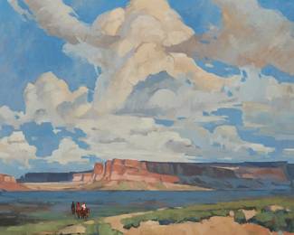 133
Gabor Svagrik
(b. 1970)
Three riders forging the river
Oil on canvas
Appears unsigned
21.75" H x 31.5" W
Estimate: $700 - $1,000