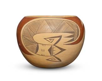 124
Dextra Quotskuyva Nampeyo (1928-2019, Hopi-Tewa)
A polychrome yellowware pottery jar, late 20th/early 21st century
Signed to underside: Dextra Quotskuyva Nampeyo
The three-color jar with two red and brown avian motifs on a cream slip ground
4.625" H x 6.125" Dia.
Estimate: $1,000 - $1,500