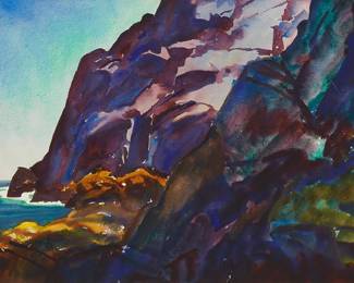 135
Emil Bisttram
(1895-1976)
"Maine Coast Series #15," 1927
Watercolor on paper
Signed lower right: E.S. Bisttram 27; signed again, titled, and inscribed "Taos, NM," all in pencil on the frame's backing paper; inscribed and titled again, in another hand, on a label affixed to the frame's backing paper
Sight: 13.5" H x 19.5" W
Estimate: $800 - $1,200