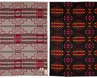 285
Two Ramona Sakiestewa for Pendelton Limited Edition wool blankets
Ramona Sakiestewa (b. 1948, Hopi)
Late 20th century
Each numbered: 247/1000; each with attached large fabric tag denoting edition, designer and design significance; with Beaver State Pendleton cloth tag; with attached original bi-fold paper tag with original plastic fastener; also with attached title information tag
Comprising two Limited Edition "Southwest Trails" double-sided multicolored wool/cotton blankets, one entitled "Chaco Trail" 1992, in black, greys and reds, and one entitled "Navajo Trail" 1994, in black, red, purple, yellow, and green, each with Certificate of Authenticity and original box
2 pieces
Each: 80" H x 64" W approximately
Estimate: $400 - $600