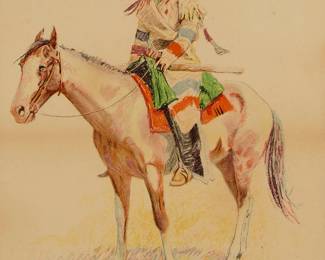 160
Frederic Remington
(1861-1909)
"Indian Scout," from "A Bunch of Buckskins," 1901
Chromolithograph on paper
From the edition of unknown size
Signed and dated in the stone lower right: Frederic Remington / 1901; with the publisher's printed copyright in the lower margin, at left; Robert Howard Russell, pub.
Sheet: 20" H x 15" W
Estimate: $100 - $200
