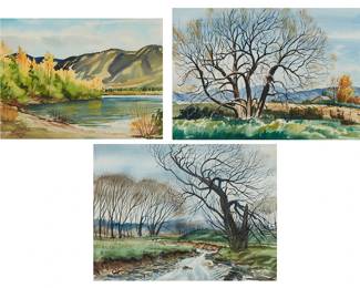 151
Fred J. Boyce (1923-2023)
Three works:

"Lake and Mountains," 1990
Watercolor on paper
Signed and dated lower left: F.J. Boyce / 90; titled on a label affixed to the frame's backing paper
Sight: 10.25" H x 14" W

"Autumn Meadow"
Watercolor on paper
Signed lower right: F.J. Boyce; titled on a label affixed to the frame's backing paper
Sight: 14.125" H x 20.125" W

"Spring Creek," 1959
Watercolor on paper
Signed and dated lower left: F.J. Boyce / 59; titled on a label affixed to the frame's backing paper
Sight: 13.5" H x 18" W
Estimate: $500 - $700