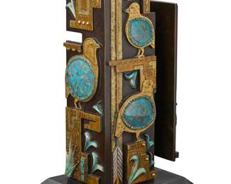 38
Tammy Garcia
(b. 1969, Santa Clara Pueblo)
"Birdhaus"
Patinated bronze on a rotating base
Edition: 6/30
Etched signature and edition: Tammy Garcia
Overall: 24" H x 14.25" W x 11.25" D
Estimate: $2,000 - $4,000