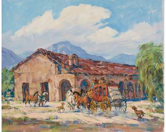 136
Marjorie Reed
(1915-1996)
Stagecoach arriving at a trading post
Oil on canvas
Signed lower left: Marjorie Reed
20" H x 24" W
Estimate: $1,000 - $2,000