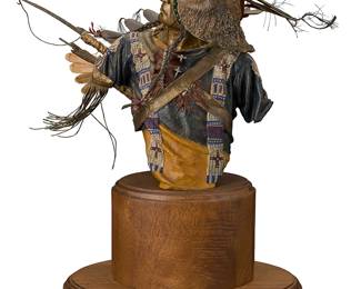 77
Dave McGary
(1958-2013)
"Eye of the Storm Study" from the "Warrior Series," 1992
Cold-painted bronze on rotating wood plinth
Edition: 17/75
Signed and numbered in the casting: Dave McGary; with applied thumbprint pastille; titled and with artist's name to metal plaque applied to plinth
Bronze: 10.375" H x 14.5" W x 9.5" D; Overall: 16.75" H
Estimate: $2,000 - $3,000