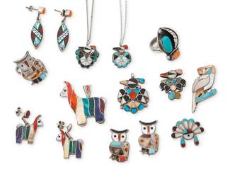 334
A group of Southwest silver and set-stone jewelry
Late 20th/21st century
Variously marked for maker and for sterling
Thirteen works in silver and multi-stone turquoise, coral, and shell inlay including a shell inlay owl ring with matching pendant/brooch, a Zuni Sunface pendant/pin by Esther Cellicion, a llama-motif pendant with a pair of matching earrings, as well as two additional brooch/pendants, an owl and a parrot, plus four Zuni thunderbird/woodpecker motif pendants, two with chains and one for a bolo, a pair of oval stone inlay earrings, and a Navajo-style stone set leaf ring
15 pieces
Largest pendant/pin: 1.75" H; Smallest: 0.75" H; Rings: sizes 7.5 & 6.5; Earrings: 1.75" H & 1.25" H
90.3 grams gross
Estimate: $300 - $500