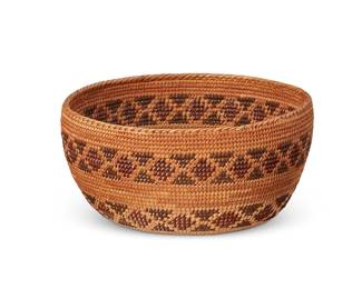 163
A polychrome Yokuts basketry bowl
Early/mid-20th century, Central California
The small coiled bowl with two bands of "rattlesnake" geometric diamond motifs, and one band to base
3" H x 6" Dia.
Estimate: $300 - $500