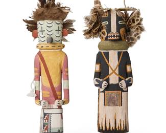 259
Two Hopi Pueblo katsinas
Two works:

Clark Tenakhongva (b. 1956, Hopi-Third Mesa)
A Road Runner katsina, late 20th/21st century
Signed to underside: C.W.T. / !!
In polychromed cottonwood with attached feathers and fur to top of mask
12" H x 3.5" W x 3.5" D [including feathers]

Raynard "Tawma" Lalo (b. 1984, Hopi-Third Mesa)
A Bear katsina, early 21st century
Signed to underside with artist's Spider web cipher
In polychromed cottonwood with attached feathers to mask
12" H x 4" W x 3" D [including feathers]

2 pieces
Estimate: $200 - $400