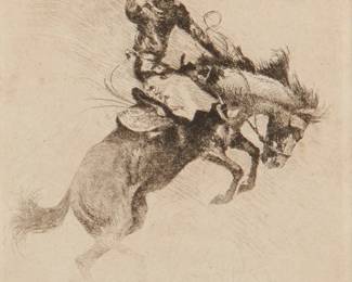 101
Edward Borein
(1872-1945)
"Little Bucking Horse"
Etching and drypoint on thin cream wove paper
From the edition of unknown size
Signed in the plate lower right: Edward Borein
Sheet: 5" H x 3.875" W
Estimate: $600 - $800