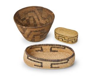 209
Three Southwest baskets
Early/mid-20th century
Comprising three coiled baskets including a tapered Pima/Akimel O'odham basketry bowl with meandering cross motif (3.75" H x 6.25" Dia.), a small Apache oval boat-shaped basket (2.25" H x 7.25" W x 4" D), and a small oval Papago lidded basket with stepped banding (1.5" H x 3.875" W x 2" D)
4 pieces
Estimate: $100 - $200