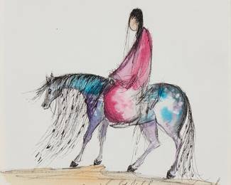 28
Ted DeGrazia
(1909-1982)
Figure on horseback
Watercolor and ink on paper
Signed and inscribed in ink along the lower edge: DeGrazia / "Arizona" / "A Midnight Sketch 1AM"
Sight: 6" H x 6.75" W
Estimate: $800 - $1,200