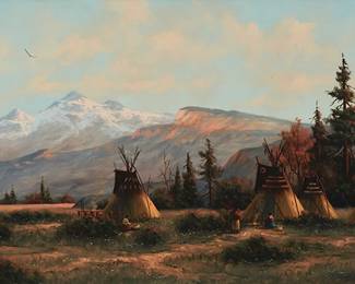 84
Heinie Hartwig
(b. 1937)
"Morning in the Rockies"
Oil on panel
Signed lower right: Heinie Hartwig ©; titled on a label affixed verso
15" H x 30" W
Estimate: $800 - $1,200