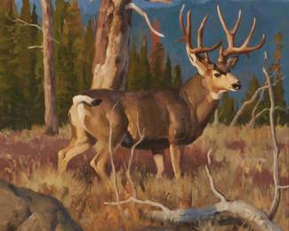 141
David Charles Wade
(1952-2019)
"Mule Deer"
Oil on Masonite
Signed lower center: Wade; titled by repute
28.25" H x 22" W
Estimate: $2,000 - $3,000