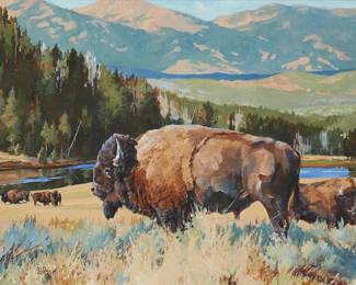 144
Edward DuRose
(b. 1956)
"Buffalo in Hayden Valley" (Yellowstone Park, Wyoming)
Oil on canvas
Signed lower left: DuRose; titled by repute
24" H x 36" W
Estimate: $2,000 - $3,000