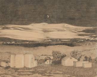158
20th Century Western School
Moonrise over Hernandez, NM, 1970
Graphite and mixed media on paper
Indistinctly signed and dated in pencil lower right: C Janda 70
Sight: 7.75" H x 8.625" W
Estimate: $200 - $400