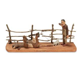 105
Bill Goldman
(20th Century)
"#{*?!!" (Hunter accidentally shot his cow), 1983
Painted carved wood and mixed media
Etched signature, date, and title: Bill Goldman / '83
9.5" H x 22.5" W x 6" D
Estimate: $150 - $250