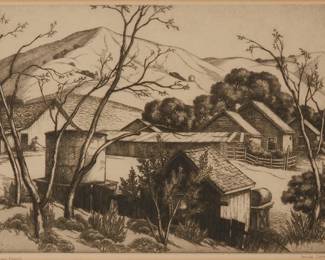 159
Cornelis Botke
(1887-1954)
"Canyon Ranch"
Etching and drypoint on paper
From the edition of unknown size
Signed and titled in pencil in the lower margin: Cornelis Botke
Plate: 9.875" H x 11.875" W; Sight: 9.25" H x 12.25" W
Estimate: $500 - $700