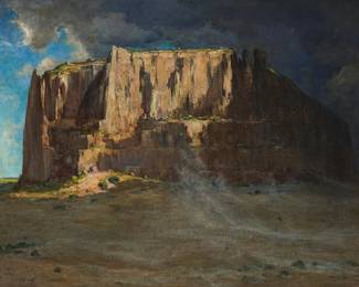 91
Albert Lorey Groll
(1866-1952)
"The Enchanted Mesa, New Mexico"
Oil on canvas laid to canvas
Signed lower left: A.L. Groll; signed again and titled in ink on a label affixed to the stretcher
40" H x 51" W
Estimate: $4,000 - $6,000