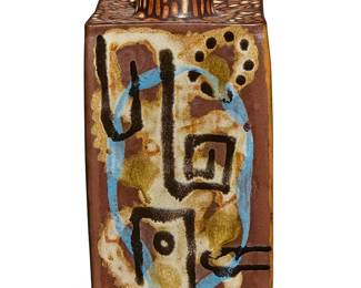 277
Les Namingha (b. 1967, Tewa/Zuni Pueblo)
"Poem I, December"
A polychrome redware pottery rectangular vase, late 20th/21st century
Signed and titled to base: Les Namingha
The tall squared slab vase in high gloss glaze, each side with abstract linear motifs in various colors
8" H x 4" W x 3.75 D approximately
Estimate: $800 - $1,200