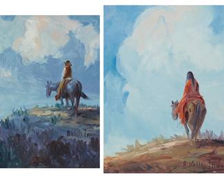 264
A. Kelly Pruitt
(1924 - 2009)
Two works: Riders on horseback
Each: Oil on canvas
Each: Signed lower right: A Kelly Pruitt
Smallest: 12" H x 9" W; Largest: 14" H x 11" W
Estimate: $500 - $700