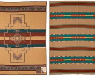 286
Two Ramona Sakiestewa for Pendelton Limited Edition wool blankets
Ramona Sakiestewa (b. 1948, Hopi)
Late 20th century
Each numbered: 247/1000; each with attached large fabric tag denoting edition, designer and design significance; with Beaver State Pendleton cloth tag; and one with attached original bi-fold paper tag with original plastic fastener, and attached title information tag
Comprising two Limited Edition "Southwest Trails" double-sided multicolored wool/cotton blankets, one entitled "Hopi Trail" 1993, in tan, brown, grey, and green with a central Hopi pottery bird feather directional motif, and one entitled " Santa Fe Trail" 1991 in tan, brown, red, blue, and orange with striped and sawtooth diamond banding, each with Certificate of Authenticity and original box
2 pieces
Each: 80" H x 64" W approximately
Estimate: $400 - $600