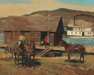 113
Sheryl Bodily
(b. 1936)
"The Steamboat," 1972
Oil on canvas
Signed lower left: Bodily; titled and dated in pencil "72" on the stretcher bar
16" H x 20" W
Estimate: $800 - $1,200