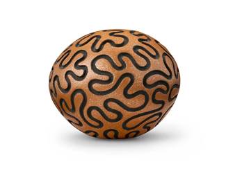 53
Hubert Candelario (b. 1965, San Felipe Pueblo)
A large micaceous redware pottery seed jar, 2002
Signed and dated to underside: Hubert Candelario / San Felipe NM / 4.11.2002
The nearly spherical jar with an all-over single carved meander in black, with the opening just off-center
5" H x 5.5" Dia.
Estimate: $700 - $900
