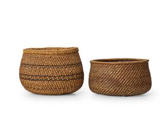 200
Two Apache Walpi baskets
Early/mid-20th century; Southwest United States
Comprising two diagonally twined basketry bowls, one with a stacked coiled rim edge and brown imbricated banding (5.25" H x 7.5" Dia. approximately), and the other smaller with a coiled rim edge and faint banding (4" H x 7.5" Dia. approximately)
2 pieces
Estimate: $100 - $200