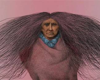 44
Frank Howell
(1937-1997)
"Dream Walker," 1989
Lithograph in colors on wove paper
A presentation proof, aside from the edition of 140
Signed, titled, dated, and inscribed in pencil along the lower edge of the image: Frank Howell / 1989 / "Presentation Proof to Dan"; an unidentified blindstamp in the lower left image corner
Image: 9.125" H x 24.125" W; Sheet: 9.5" H x 24.5" W
Estimate: $700 - $900