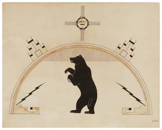 24
Awa Tsireh
(1898-1955, San Ildefonso Pueblo)
Bear
Watercolor and ink on paper
Signed in ink lower right: Awa Tsireh
Sheet: 10.5" H x 13.25" W
Estimate: $3,000 - $5,000