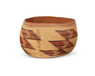 
171
A large polychrome Hupa/Yurok/Karuk basket
Mid/late 20h century; Northern California
The tall twined mush bowl with diagonally stacked imbricated geometric motifs and banding to rim
5.75" H x 9" Dia. approximately
Estimate: $400 - $600