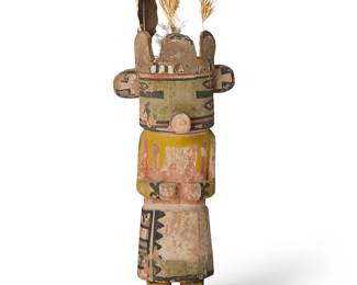 190
A Southwest Pueblo katsina figure
Early 20th century
Unmarked
The carved and polychromed cottonwood masked figure with small leather tableta and mounted feathers and grass stalks
9" H x 4" W x 2.75" D
Estimate: $700 - $900