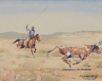 99
Edward Borein
(1872-1945)
"Roping" (Cowboy on horseback chasing a steer)
Watercolor on thick paper
Signed lower right: Edward Borein; titled from an artist's label affixed to the frame's backing board
Sheet: 7" H x 9.75" W
Estimate: $8,000 - $12,000