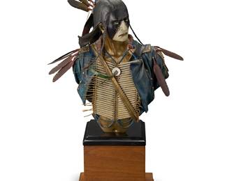 75
Dave McGary
(1958-2013)
"Trophies of Honor" from the "Warrior Series," 1994
Cold-painted bronze on rotating wood plinth
Edition: 29/75
Signed, dated, and numbered in the casting: Dave McGary; with applied thumbprint pastille; titled and with artist's name to metal plaque applied to plinth
Bronze: 15.75" H x 12.25" W x 8.5" D; Overall: 23.5" H x 12.25" W x 9.75" D
Estimate: $4,000 - $6,000
