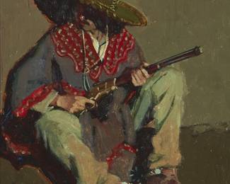 116
John Moyers
(b. 1958)
"Night Watch"
Oil on Masonite
Signed lower left: John Moyers / © CA; signed again and titled in ink on a Cowboy Artists of America label affixed verso
12.25" H x 10.25" W
Estimate: $800 - $1,200