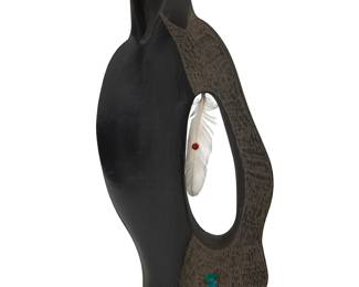 262
Wayne Snow Bird Shields
(b. 20th century, Santa Clara Pueblo)
Standing Figure, 2005
Sculpted clay, feathers, gemstones
Incised to base: Snow Bird / Santa Clara / 9-4-05
An abstract figural robed sculpture with contrasting smooth, matte and incised textures, with attached feathers with turquoise and coral bead accents
10.125" H x 4.375" W x 1.75" D
Estimate: $200 - $400