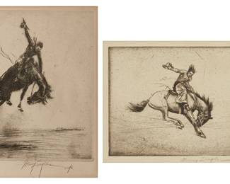 102
Henry Ziegler (1889-1969)
Two Works:

"Riding Pretty"
Etching and drypoint on paper
From the edition of unknown size
Signed and inscribed in pencil in the lower margin: Henry Ziegler imp.; inscribed and titled again, presumably in another hand, on paper tape affixed to the backing paper
Plate: 6.875" H x 5.875" W; Sight: 8" H x 7.875" W

"The Comet"
Etching and drypoint on paper
From the edition of unknown size
Signed in pencil in the lower margin: Henry Ziegler
Plate: 4.875" H x 6.875" W; Sight: 5.5" H x 7.5" W
Estimate: $200 - $400