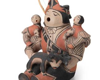 271
Louis Naranjo (1932-1997, Cochiti Pueblo)
A polychrome slip-glazed pottery "Deer Hunter" storyteller figure, mid/late 20th century
Signed to underside: Louis Naranjo / Cochiti, N.M.
With applied figures of children and a deer, and with wood bow and arrows in a clay quiver
8.75" H x 8" W x 8.5" D approximately
Estimate: $800 - $1,200