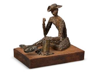 117
Jerry Daniel
(1939-2018)
Cowboy cooking, 1966
Welded steel on wood base
Fire branded signature and date to underside of wood base: J. Daniel / 66; with applied sticker: Brown Barn
Metal: 8.25" H x 10.5" W x 6.75" D; Overall: 10.25" H x 11" W x 7.75" D
Estimate: $1,000 - $1,500