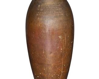 89
Harry St. John Dixon (1890-1967)
A hammered copper urn-form trophy, 1925
Etched signature, date, and inscription to underside: Harry Dixon / San Francisco; lengthy inscription to body
The trophy to be awarded to the boy at the Ginn House Orphanage in San Francisco who achieved the highest marks
15.375" H x 6.875" Dia.
Estimate: $1,000 - $1,500