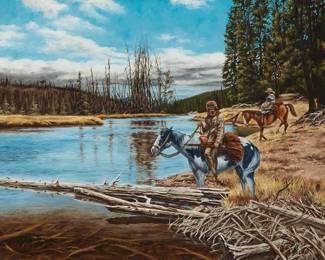 119
John Peterson
(b. 1939)
"The Pursuit for Fur," 2007
Oil on canvas
Signed and dated lower left: John Peterson © 2007; titled on the frame plaque
17" H x 21" W
Estimate: $500 - $700