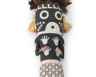 192
Clark Tenakhongva
(b. 1957, Hopi-Third Mesa-Hoat'Ve'La)
A Hopi Pueblo Third Mesa Mastof Death Fly katsina
Polychrome painted cottonwood, feathers, corn husk
Signed to underside: C.W.T. / !!
Estimate: $200 - $400