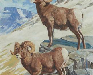 143
Fred J. Boyce
(1923-2023)
"Big Horn Sheep," 1975
Oil on canvas
Signed and dated lower right: FJ Boyce / © 75; titled on a gallery label affixed to the stretcher bar
28" H x 22" W
Estimate: $2,000 - $3,000