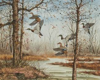 148
David Hagerbaumer
(1921-2014)
Mallard ducks landing
Watercolor on paper
Signed lower left: David Hagerbaumer
Sight: 9" H x 12" W
Estimate: $800 - $1,200