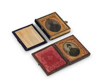 234
Two Civil War era daguerreotypes
Two daguerreotypes depicting Union soldiers, one with a chased gold-toned metal preserver within a red velvet-lined tooled leather case, the other with a chased gold-toned metal preserver within a blue velvet case
Sight of each: 2" H x 1.5" W
Estimate: $300 - $500
